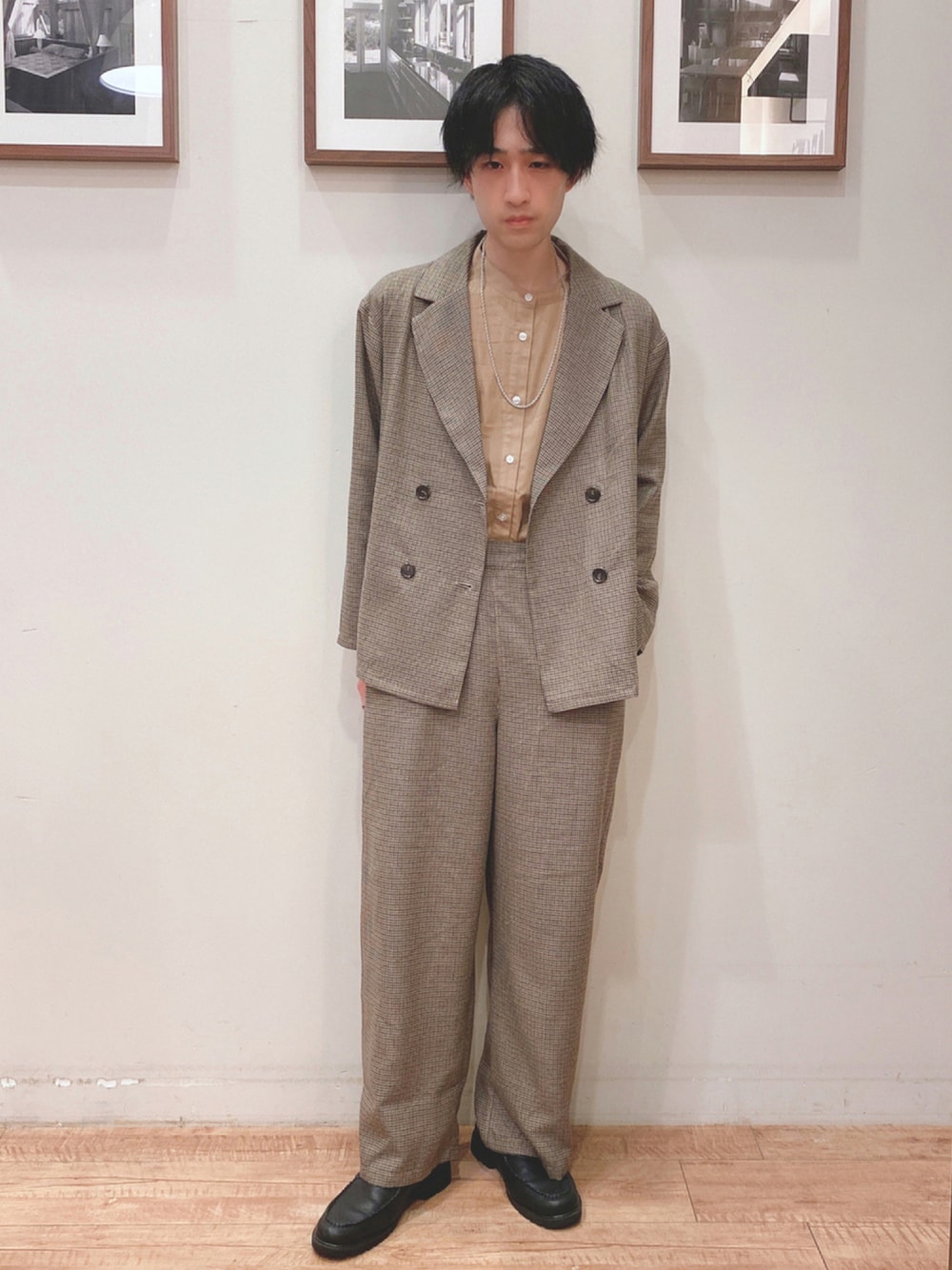 「チェック、ジャケット、セットアップ、テーラードジャケット、秋のコーデ、ワイドパンツ、チェックパンツ、プチプラ、ユニセックス、チェックジャケット、セットアップスタイル、シューラルー、秋カラー、お洒落さんとつながりたい、いいね、save、フォローお願いします🤑」｜「Cutie Blondeの【S-L】チェックジャケット（テーラードジャケット、ブラウン系）」を使った、いましさん（メンズ・169cm）の秋コーディネートの1枚目の写真