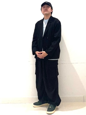 「SENSE OF PLACE by URBAN RESEARCH（センスオブプレイスバイアーバンリサーチ）の『イージーケア/速乾』リネンライクダブルテーラードジャケット（テーラードジャケット、ブラック系）」を使った、shoさん（メンズ・173cm）の春コーディネート
