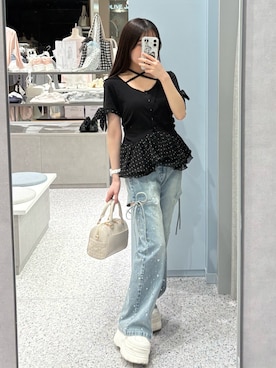 「OLIVE des OLIVE（オリーブデオリーブ）のペプラムトップス（Tシャツ/カットソー、ブラック系）」を使った、yu22oliveさん（レディース・150cm）の春コーディネート