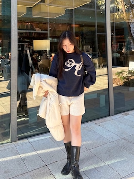 「muguet（ミュゲ）のラメリボンニット（ニット/セーター、ブルー系）」を使った、muguetさん（レディース・160cm）の秋コーディネート