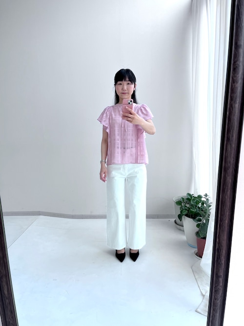 ブラウス シャツ 小さいサイズ　リボン付きシアーチェックブラウス　低身長さん・小柄女性 レディース 小さいサイズ リボン付きシアーチェックブラウス 低身長さん