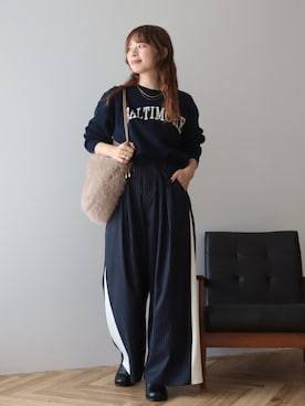 「AMERICAN HOLIC（アメリカンホリック）の【バイパチ】スウェットライクロゴニット（ニット/セーター、ブルー系）」を使った、nanaさん（レディース・161cm）の秋コーディネート