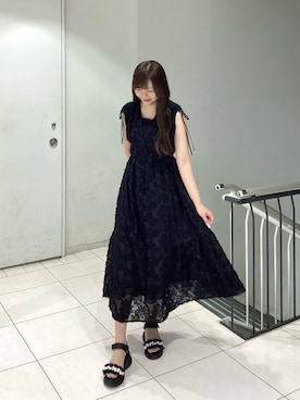「MISCH MASCH（ミッシュマッシュ）の2026春夏新作 フリンジジャガードワンピース（ワンピース、ブラック系）」を使った、名古屋パルコ店さん（レディース・156cm）の夏コーディネート