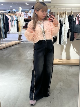 「w closet（ダブルクローゼット）のフリンジバギーデニムパンツ（デニムパンツ、ブラウン系）」を使った、wclo_ccn831さん（レディース・158cm）の春コーディネート