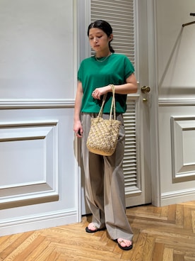 「DRESSTERIOR（ドレステリア）の【ウォッシャブル】コットンシルクフレンチスリーブニット（ニット/セーター、グリーン系）」を使った、lmfloresさん（レディース・150cm）の夏コーディネート