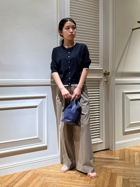 「DRESSTERIOR（ドレステリア）の【UVカット/ウォッシャブル】クールタッチ ニットカーディガン（カーディガン/ボレロ、ブルー系）」を使った、lmfloresさん（レディース・150cm）の夏コーディネート
