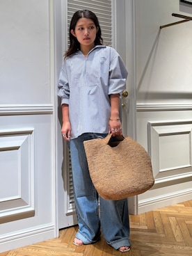 「DRESSTERIOR（ドレステリア）の【接触冷感/UVカット/着回し】スキッパーブラウス（シャツ/ブラウス、ブルー系）」を使った、lmfloresさん（レディース・150cm）の夏コーディネート