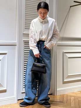 「DRESSTERIOR（ドレステリア）の【着映え】レーススリーブ ピンタック クロップドシャツ（シャツ/ブラウス、ホワイト系）」を使った、lmfloresさん（レディース・150cm）の夏コーディネート