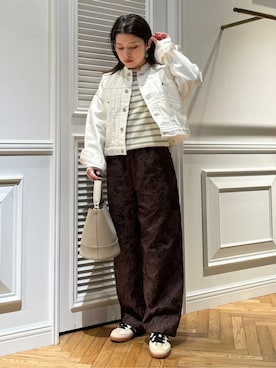 「DRESSTERIOR（ドレステリア）の【ウォッシャブル】コットンフルニードルボーダーニット（ニット/セーター、グリーン系）」を使った、lmfloresさん（レディース・150cm）の冬コーディネート