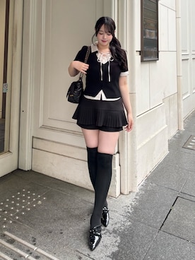 「one after another NICE CLAUP(ワンアフターアナザーナイスクラップ)のシャツドッキング半袖トップス(Tシャツ/カットソー、ブラック系)」を使った、miyu《骨格ストレート/ブルベ》さん(レディース・152cm)の春コーディネート