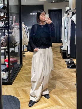 「JEANASIS（ジーナシス）のセミシアーリブヘンリー LS/326122（Tシャツ/カットソー、ブラック系）」を使った、osumisanさん（レディース・164cm）の春コーディネート