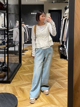 「JEANASIS（ジーナシス）のアシメギャザーボートネックLS/594167（Tシャツ/カットソー、ホワイト系）」を使った、osumisanさん（レディース・164cm）の春コーディネート