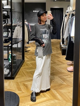 「JEANASIS（ジーナシス）のレースギャザーボートネックLS/589928（Tシャツ/カットソー、ブラック系）」を使った、osumisanさん（レディース・164cm）の春コーディネート