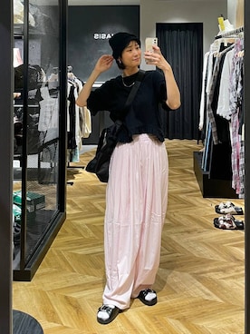 「JEANASIS（ジーナシス）のフラワークロシェHAT/663463（ハット、ブラック系）」を使った、osumisanさん（レディース・164cm）の春コーディネート