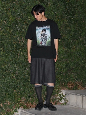 「GOOD ROCK SPEED（グッドロックスピード）の【GOOD ROCK SPEED】『シザーハンズ』半袖プリントTシャツ（Tシャツ/カットソー、ブラック系）」を使った、OKAさん（メンズ・175cm）の夏コーディネート