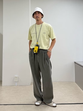 「SCREEN STARS（スクリーンスターズ）の【SCREEN STARS/スクリーンスターズ】杢ボディ染め 配色ロゴ クルーネックカラーＴシャツ（Tシャツ/カットソー、イエロー系）」を使った、OKAさん（メンズ・175cm）の夏コーディネート