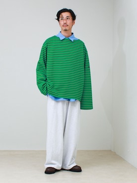 「GLOSTER（グロスター）の【ユニセックス】ワイドバスクシャツ ボートネック ボーダー オーバーサイズ（Tシャツ/カットソー、グリーン系）」を使った、OKAさん（メンズ・175cm）の夏コーディネート