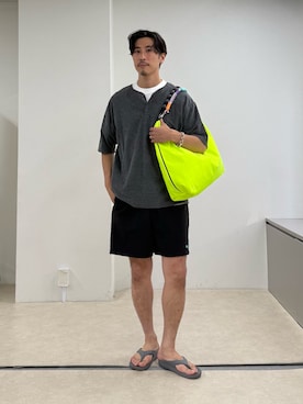 「GEVACO（ゲバコ）の【GEVACO/ゲバコ】パイルヘンリーネックＴシャツ（Tシャツ/カットソー、グレー系）」を使った、OKAさん（メンズ・175cm）の夏コーディネート