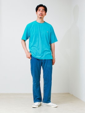 「GLOSTER（グロスター）の【夏素材で快適】フレブルパイルTEE ワンポイント刺繍（Tシャツ/カットソー、ブルー系）」を使った、OKAさん（メンズ・175cm）の春コーディネート