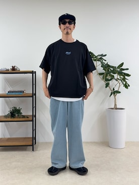 「GLOSTER（グロスター）のCUTIE PIE CAP ロゴ刺繍キャップ（キャップ、ブルー系）」を使った、OKAさん（メンズ・175cm）の春コーディネート