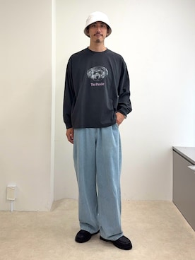 「GLOSTER（グロスター）の【WEB限定】【人気シリーズ】【DOG&CAT】犬猫ピグメントロンT（Tシャツ/カットソー、ブラック系）」を使った、OKAさん（メンズ・175cm）の夏コーディネート