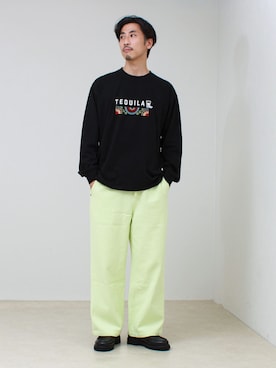 「GLOSTER（グロスター）の【YOIDORE/ヨイドレ】別注テキーラロンT（Tシャツ/カットソー、ブラック系）」を使った、OKAさん（メンズ・175cm）の夏コーディネート