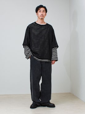 「GLOSTER（グロスター）の3/4スリーブメッシュTシャツ シアーT 7分袖 オーバーサイズ（Tシャツ/カットソー、ブラック系）」を使った、OKAさん（メンズ・175cm）の夏コーディネート