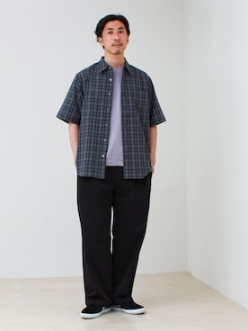 「GLOSTER（グロスター）のGOODNESS刺繍 オンブレー ショートスリーブシャツ（シャツ/ブラウス、ブラック系）」を使った、OKAさん（メンズ・175cm）の春コーディネート