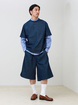 「GLOSTER（グロスター）の【セットアップ対応】メッシュデニムヘンリーTEE（Tシャツ/カットソー、ブルー系）」を使った、OKAさん（メンズ・175cm）の春コーディネート