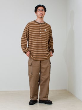 「GEVACO（ゲバコ）の【GEVACO/ゲバコ】ヘンリーネックボーダー ロングスリーブTシャツ（Tシャツ/カットソー、ブラウン系）」を使った、OKAさん（メンズ・175cm）の夏コーディネート