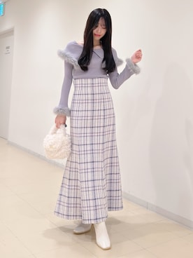 「アイテム（スカート、パープル系）」を使った、AMIさん（レディース・158cm）の秋コーディネート