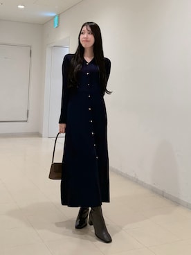 「MERCURYDUO（マーキュリーデュオ）のワイドリブスキッパーニットワンピース（ワンピース、ブルー系）」を使った、AMIさん（レディース・158cm）の秋コーディネート