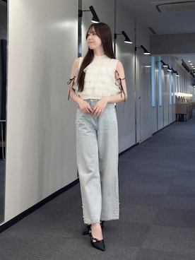 「MERCURYDUO（マーキュリーデュオ）のパールデニムパンツ（デニムパンツ、ブルー系）」を使った、AMIさん（レディース・158cm）の夏コーディネート