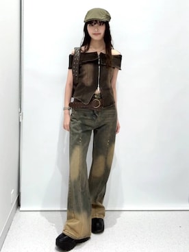 「アイテム（ハンチング/ベレー帽、グリーン系）」を使った、マリナさん（レディース・156cm）の夏コーディネート