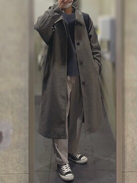 「EMMA CLOTHES（エマクローズ）のアイテム（ステンカラーコート）」を使った、ゆっけさん（メンズ・165cm）の冬コーディネート