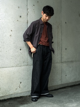 「MHL.（エムエイチエル）のWA-SHI COTTON JERSEY（Tシャツ/カットソー、オレンジ系）」を使った、市川 昇さん（メンズ・169cm）の秋コーディネート