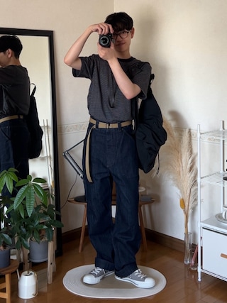 「無印良品(ムジルシリョウヒン)の紳士 天竺編みクルーネック半袖Tシャツ(ボーダー)(Tシャツ/カットソー)」を使った、市川 昇さん(メンズ・169cm)の春コーディネート