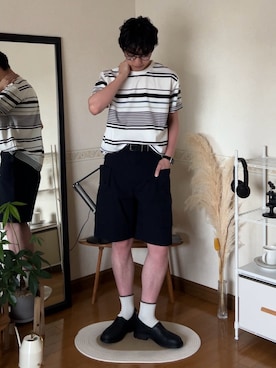 「ikka（イッカ）の【吸水速乾】冷感DRYポンチボーダーTシャツ（Tシャツ/カットソー、ホワイト系）」を使った、市川 昇さん（メンズ・169cm）の春コーディネート