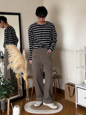 「MHL.（エムエイチエル）のアイテム」を使った、市川 昇さん（メンズ・169cm）の春コーディネート