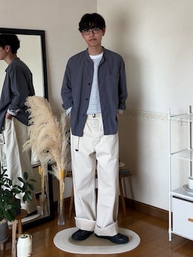 「MHL.（エムエイチエル）のアイテム」を使った、市川 昇さん（メンズ・169cm）の春コーディネート
