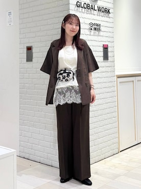 「GLOBAL WORK（グローバルワーク）のお手入れラクラクセットアップ/Wジャケット半袖/632432（Tailored jacket、ブラウン系）」を使った、chiyuki.さん（レディース・168cm）の春コーディネート