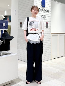 「GLOBAL WORK（グローバルワーク）のノンストレスリッチワイドパンツ/632962（その他パンツ、ブラック系）」を使った、chiyuki.さん（レディース・168cm）の夏コーディネート