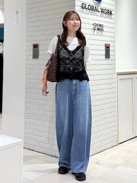 「GLOBAL WORK（グローバルワーク）のGOODデニムバレルCOOL/627009（デニムパンツ、ブルー系）」を使った、chiyuki.さん（レディース・168cm）の夏コーディネート