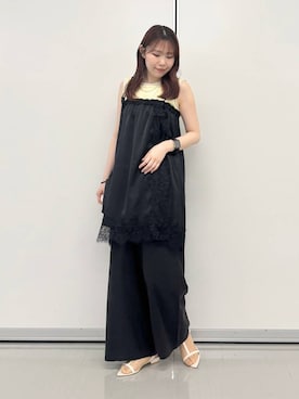 「GLOBAL WORK（グローバルワーク）のフレンチリネンワイドパンツ/600996（Pants、ブラック系）」を使った、chiyuki.さん（レディース・168cm）の春コーディネート