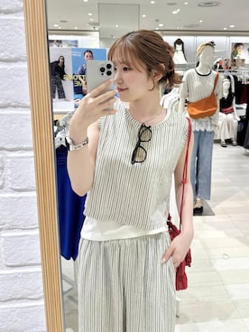 「GLOBAL WORK（グローバルワーク）のジャガードストライプワイドパンツ/681324（その他パンツ、ホワイト系）」を使った、chiyuki.さん（レディース・168cm）の夏コーディネート