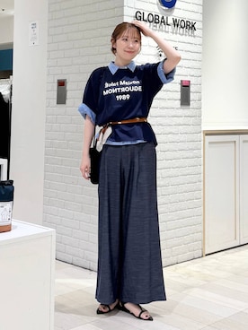 「GLOBAL WORK（グローバルワーク）のデニムライクパンツ/636574（その他パンツ、ブルー系）」を使った、chiyuki.さん（レディース・168cm）の夏コーディネート