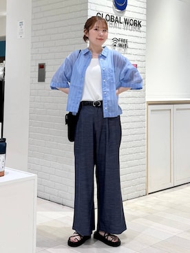 「GLOBAL WORK（グローバルワーク）のデニムライクパンツ/636574（その他パンツ、ブルー系）」を使った、chiyuki.さん（レディース・168cm）の夏コーディネート
