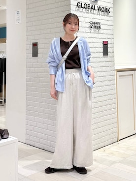 「GLOBAL WORK（グローバルワーク）のフレンチリネンワイドパンツ/600996（その他パンツ、ベージュ系）」を使った、chiyuki.さん（レディース・168cm）の春コーディネート