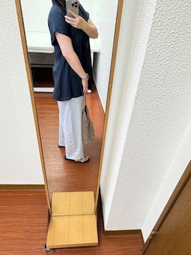 「KBF（ケイビーエフ）のスリーブレスタックフレアブラウス（シャツ/ブラウス、ブルー系）」を使った、あやのさん（レディース・147cm）の夏コーディネート