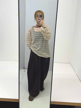 「KBF（ケイビーエフ）のシアーボーダールーズニット（ニット/セーター、ベージュ系）」を使った、あやのさん（レディース・147cm）の夏コーディネート